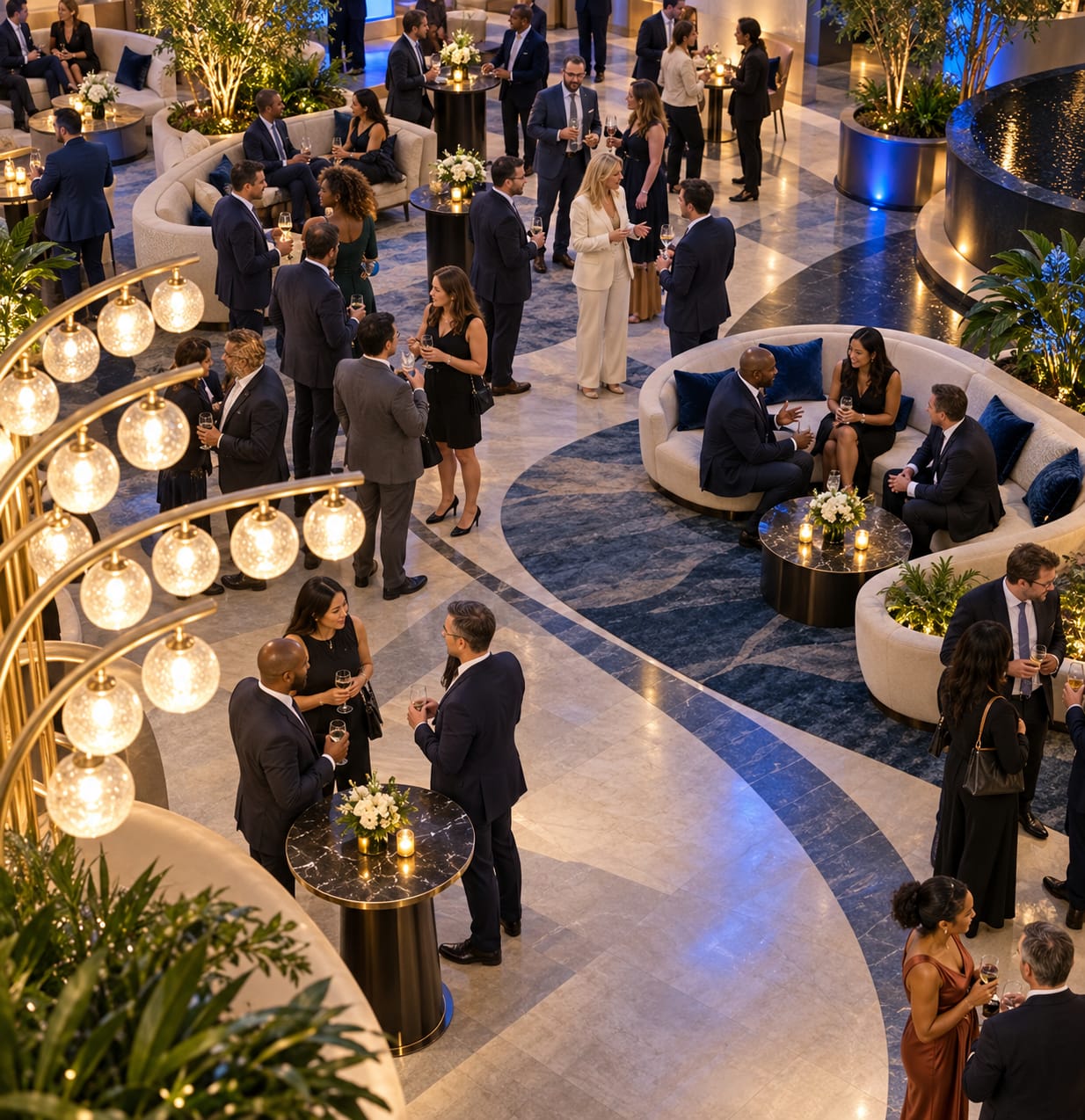 Overhead view of an executive corporate networking reception