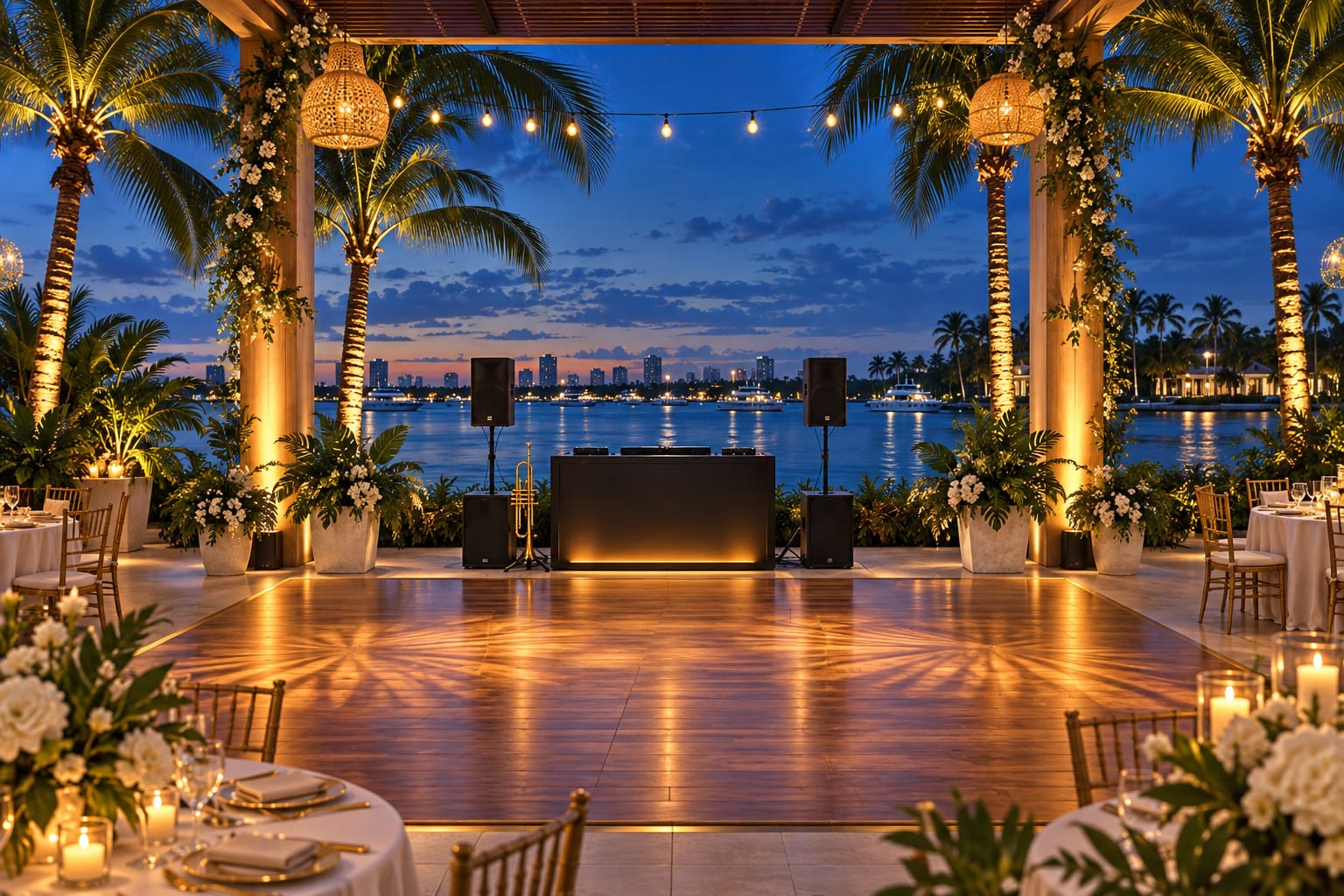 AI illustration of an imagined South Florida waterfront reception with a DJ setup and trumpet.